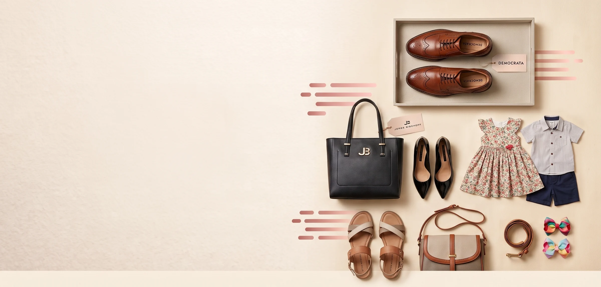 Sapatos Democrata, bolsa Jorge Bischoff, scarpins, vestido infantil e acessórios das lojas do grupo